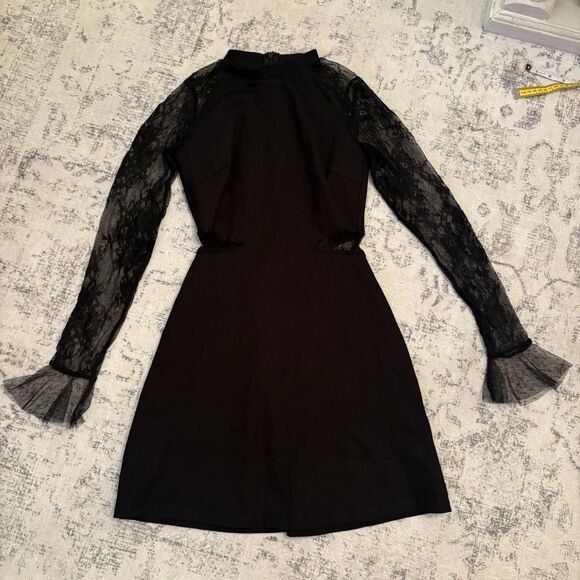 Lulus Bragging Rights Black Lace Long Sleeve Skater Dress Size Small NWT Goth - Picture 4 of 10
